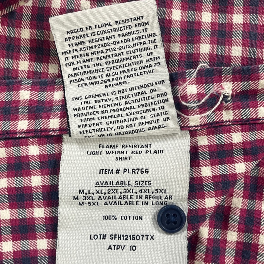 Rasco FR Men Plaid Flame Resistant Work Shirt 3XL Long Burgundy Navy CAT 2 NFPA - Picture 12 of 12